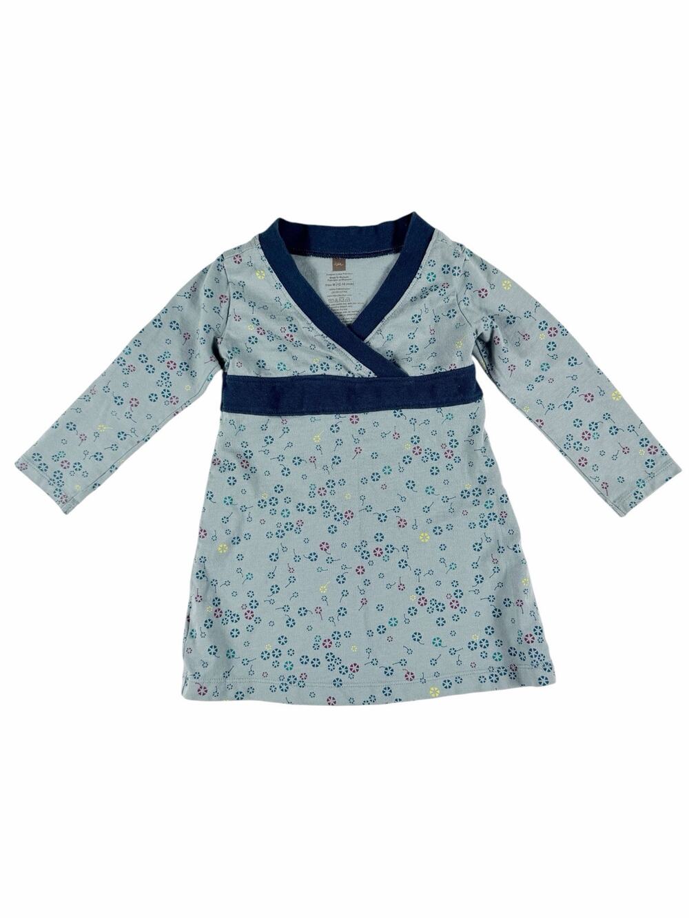Tea Collection Wrap Neck Knit Dress Blue Dandelion Print 12-18 Months